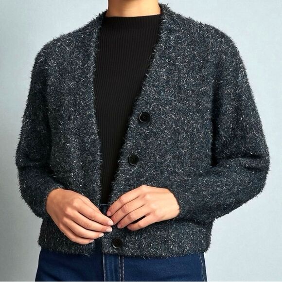 Anthropologie Olivia Metallic Tinsel Cardigan Sweater Medium Blue Pink Shimmer - Picture 1 of 14